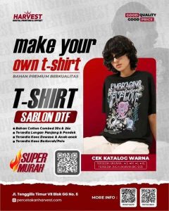 "Cetak kaos custom sablon DTF Surabaya murah & berkualitas. Desain bebas tanpa minimal order. Proses cepat, harga terjangkau. Pesan sekarang!"