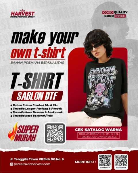 "Cetak kaos custom sablon DTF Surabaya murah & berkualitas. Desain bebas tanpa minimal order. Proses cepat, harga terjangkau. Pesan sekarang!"